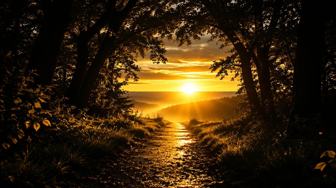 A path lit by warm golden light